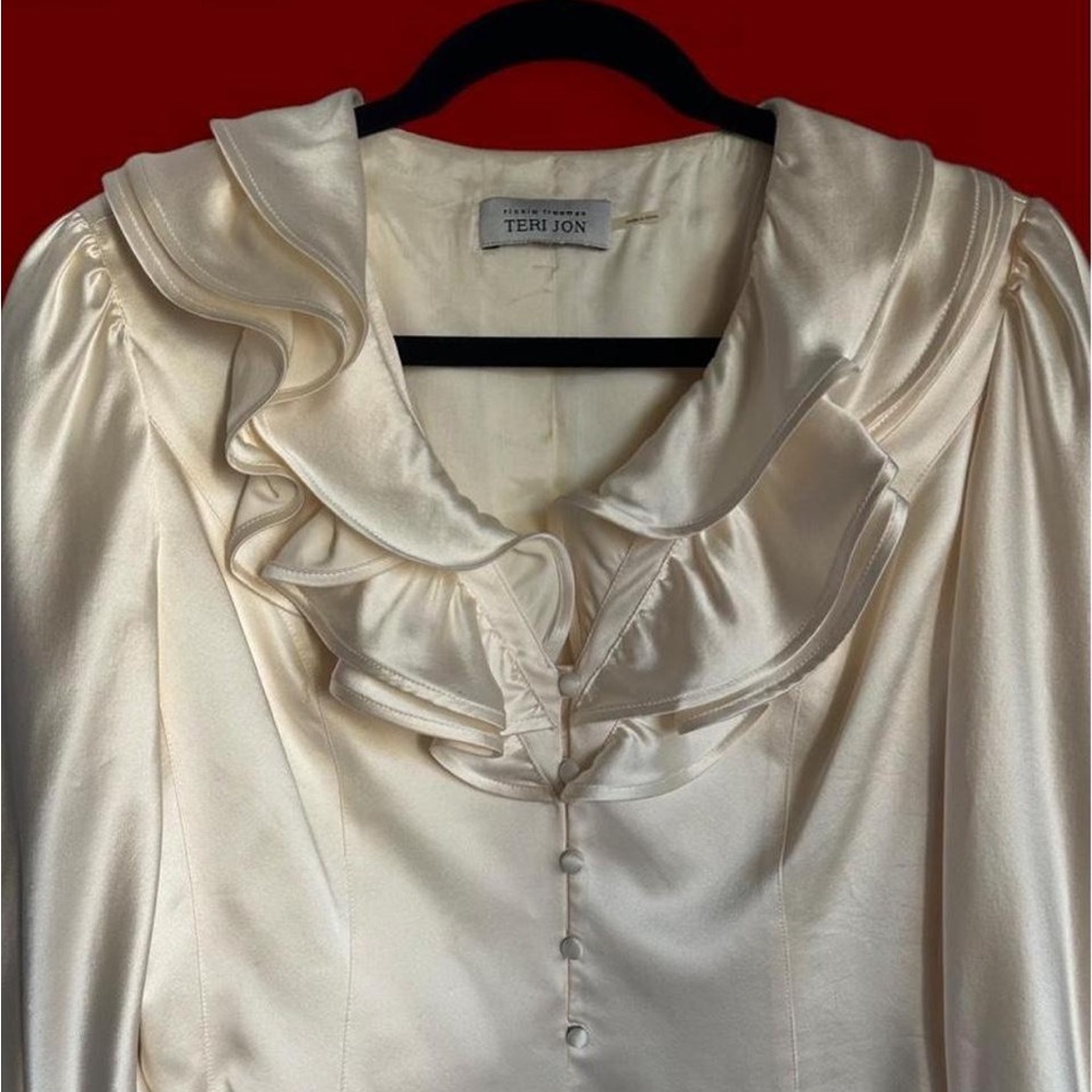 Teri Jon Pearl Satin Ruffle-Front Blouse - Picture 2 of 6